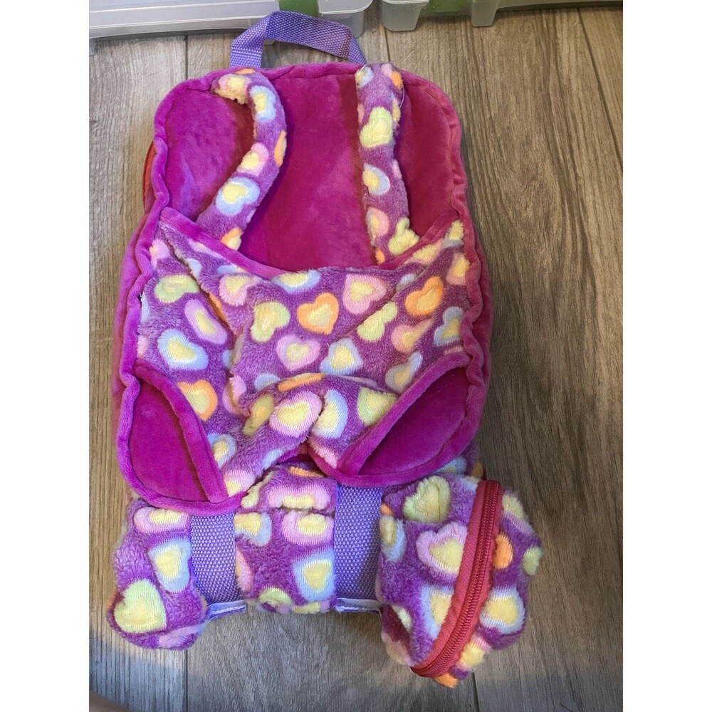 18 Inch Doll Carrier Backpack and Sleeping Bag, Purple Hearts Fits American Girl